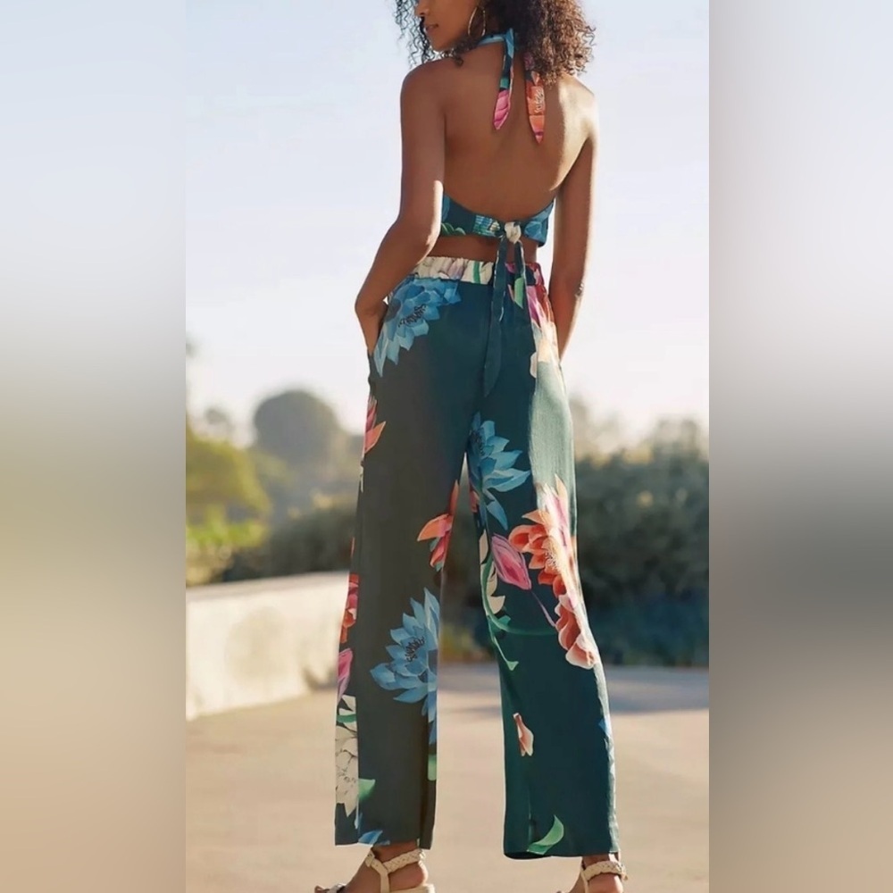 Maeve Anthropologie Floral Halter Jumpsuit wide leg size 10 US summer resortwear - Picture 5 of 6